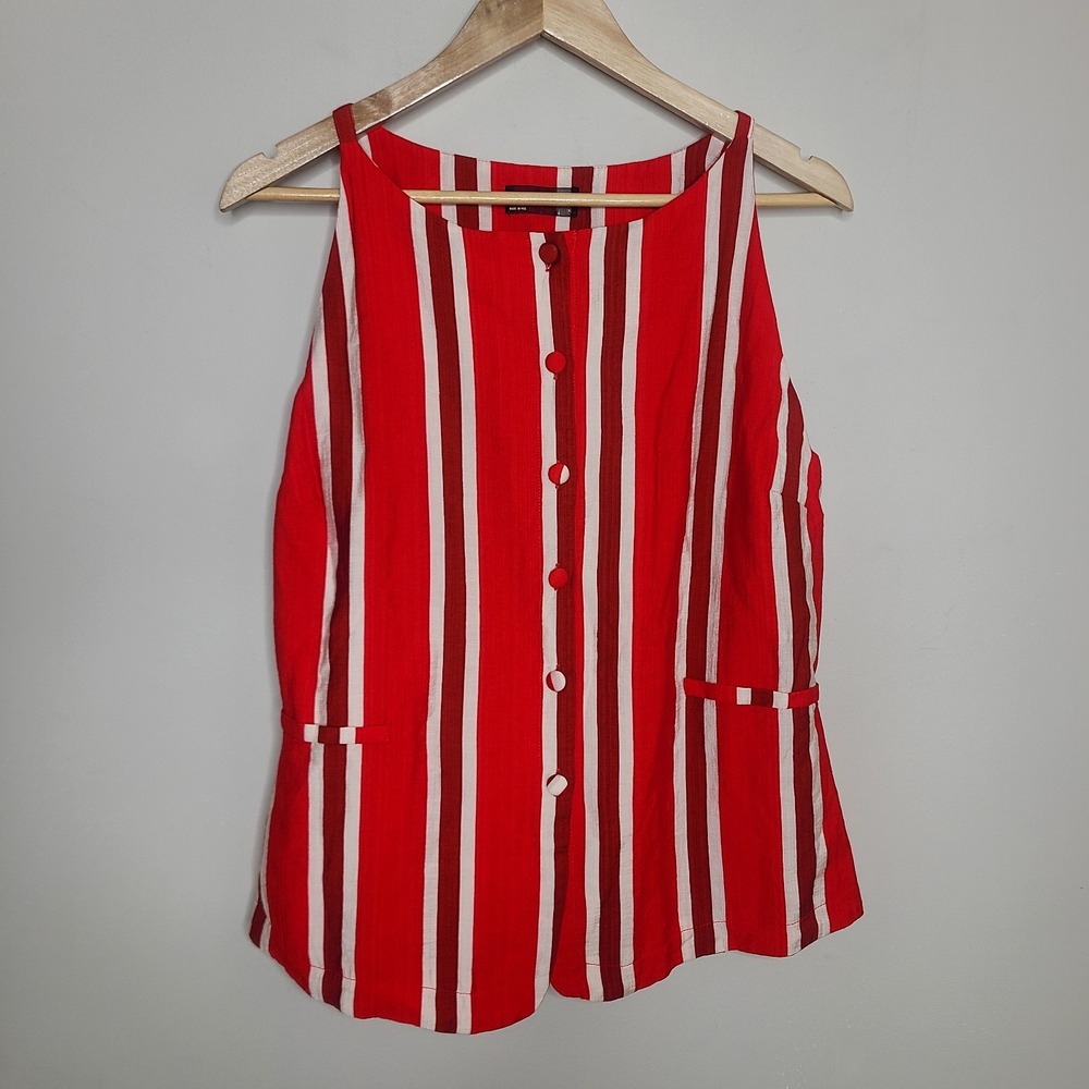 Lulumari  Anthropologie Top Vertical Striped Red White Vest Shirt Luxe XL - Picture 2 of 6